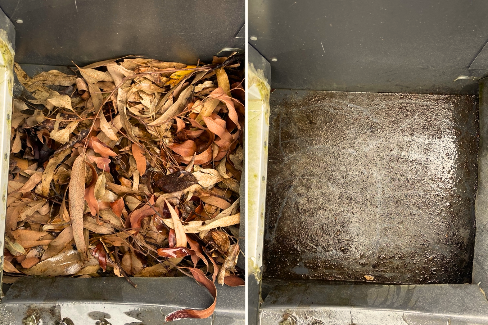 Gutter box filled with dry leaves, fully cleared out after gutter cleaning.