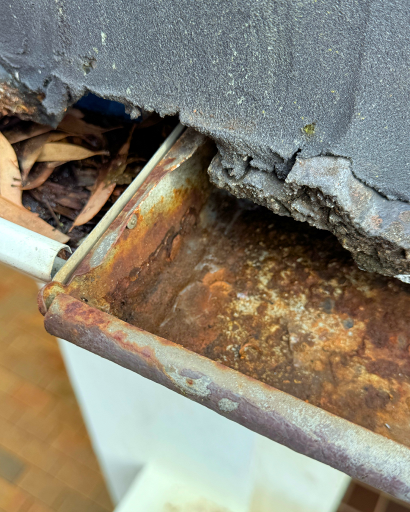 Rust buildup inside a gutter below leaf debris and damaged fascia.