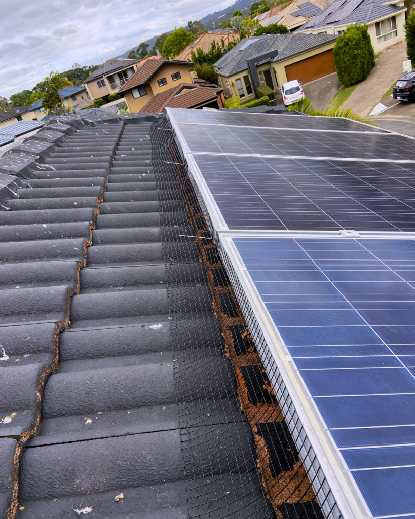 Mesh guard fitted beneath panels on tiled roof