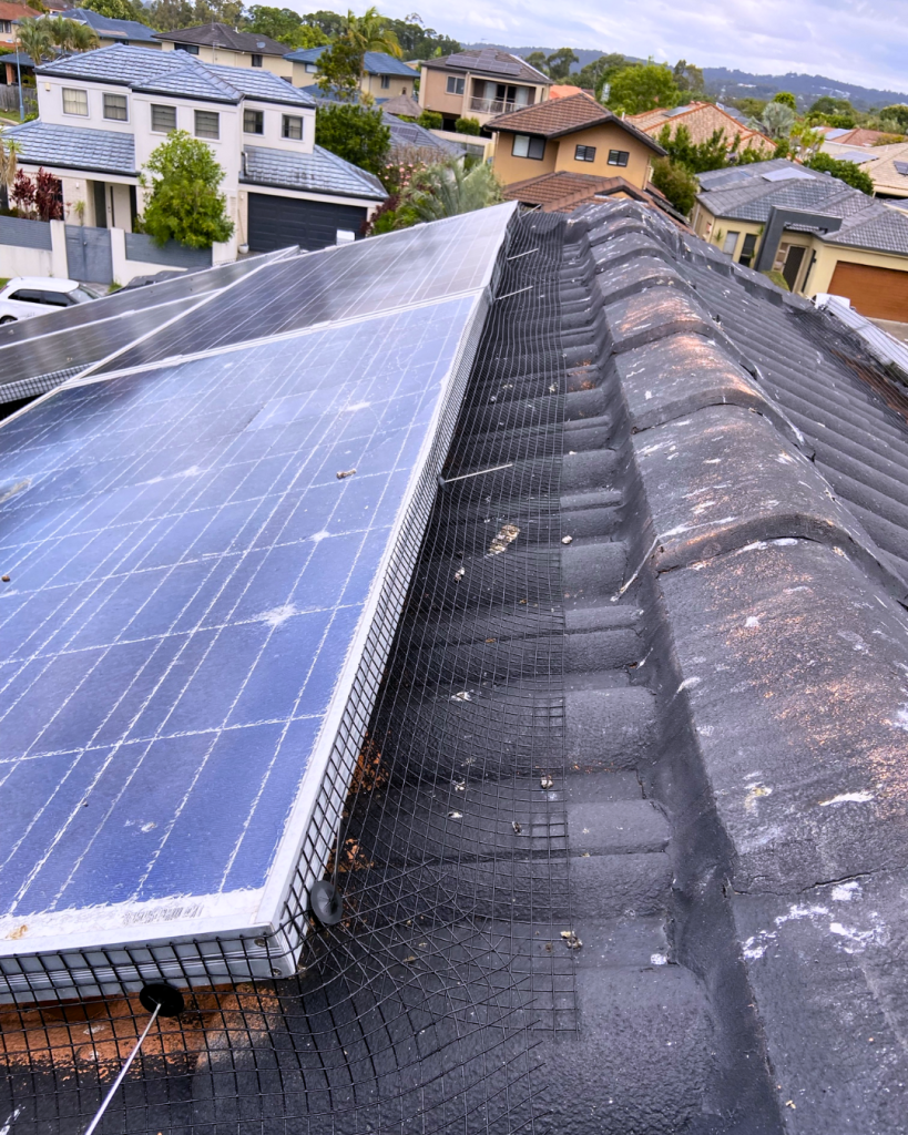 Tiled roof with mesh barrier around solar panels