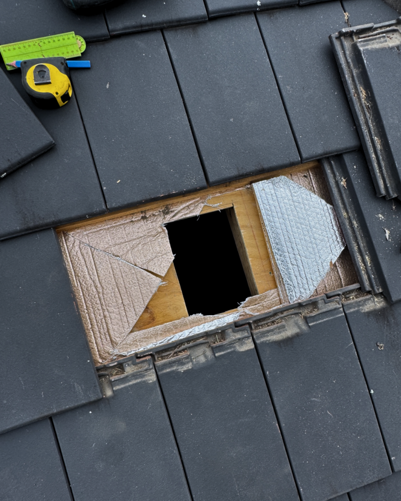 Rectangular hole in roof ready for ventilation fitting
