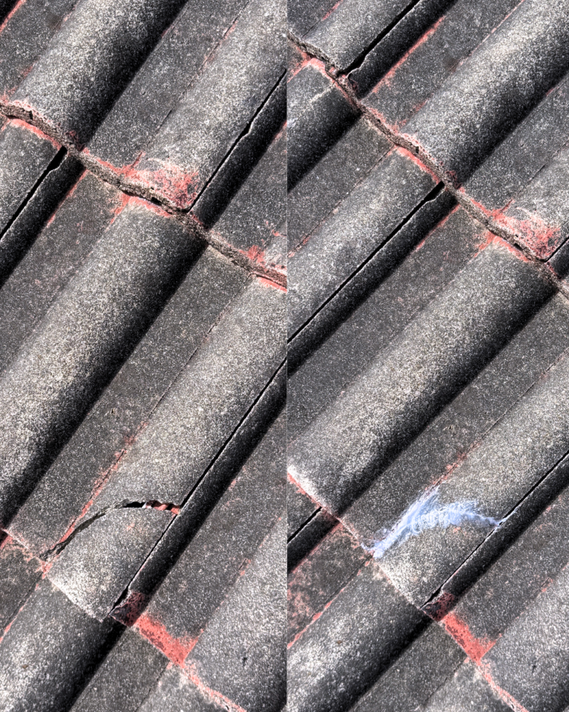 Before and after of cracked roof tile with repair sealant